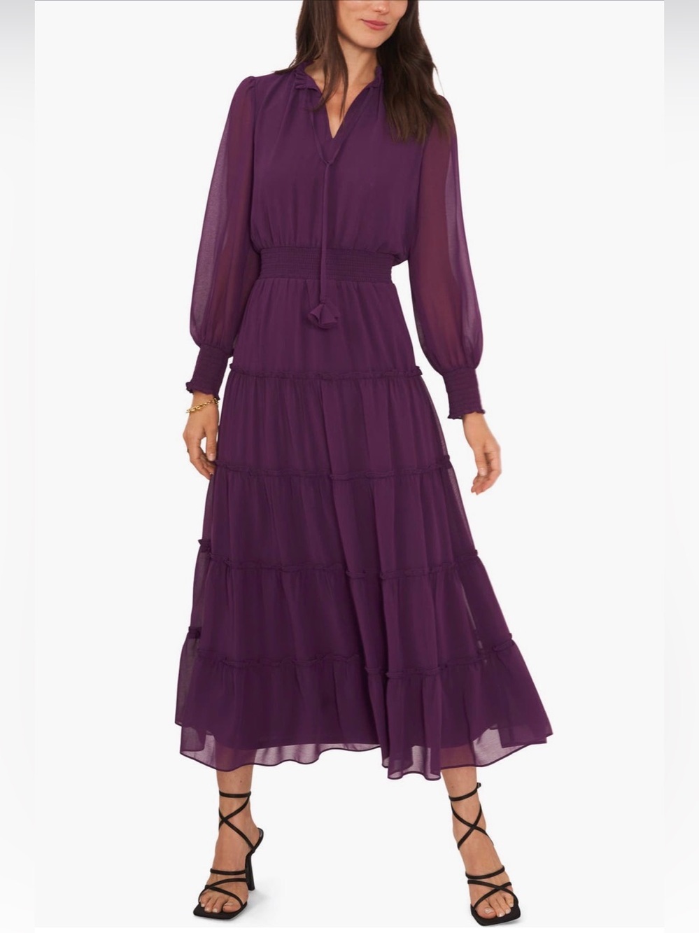 1.STATE Tie Neck Long Sleeve Tiered Maxi Dress